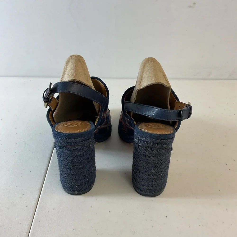 Tory Burch Trinity‎ suede embroidered Espadrille sandals heels Size 7.5 blue